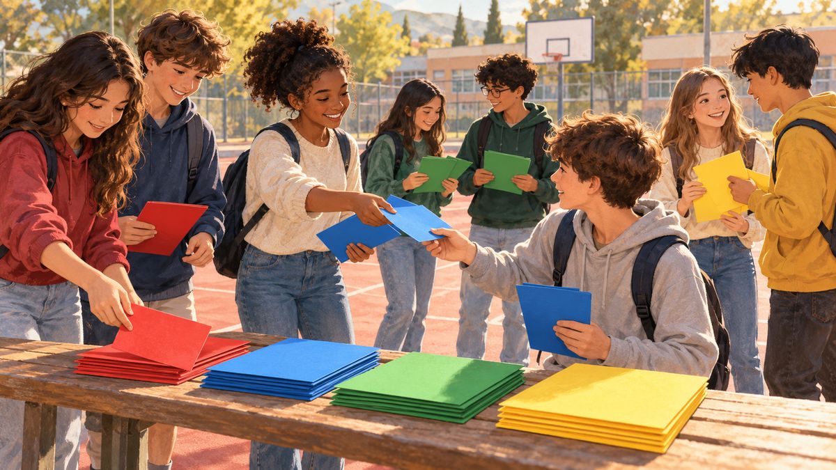 Adolescents es reparteixen targetes vermelles, blaves, verdes i grogues per formar equips.