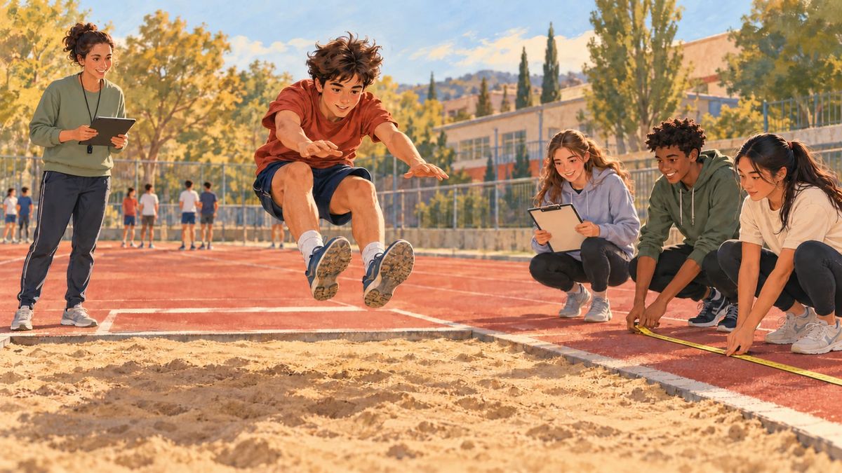Un alumne fa un salt de llargada mentre els companys mesuren i registren l'activitat.